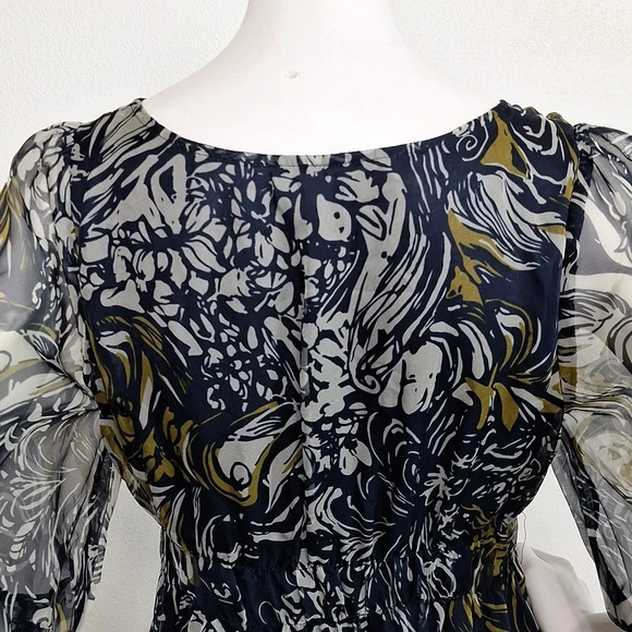 Navy Blue Combo Floral Bohemian Wide Sleeve Silk Blend Preppy Mini Dress Size M - Picture 4 of 7